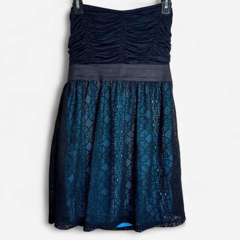LunaChix Black & Bright Turquoise Crochet Dress – Large, Strapless Ruched Bodice